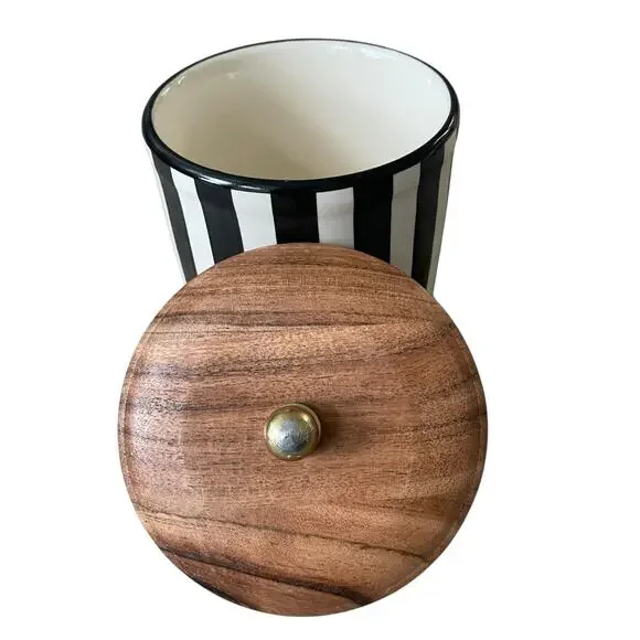 Hand Painted Striped Ceramic Canister w/ Wood Lid Made in India Black Cream NEW - Picture 10 of 15